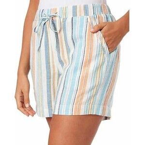 Briggs Women Smoked Elastic Waist Linen Blend Comfortable Shorts, Blue Stripe, L